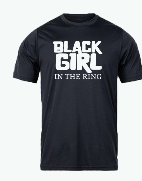 Black crew tee with white Black Girl In The Ring print on front