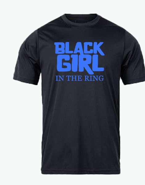 Black crew tee with royal blue Black Girl In The Ring print on front